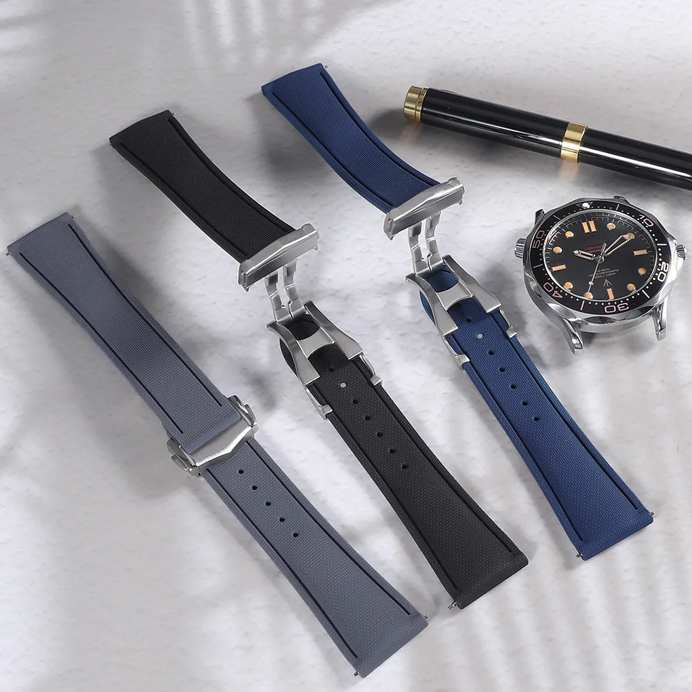 Correa de reloj de caucho FKM de 18mm, 19mm, 20mm, 21mm, 22mm con hebilla desplegable de liberación rápida, tipo lona, impermeable