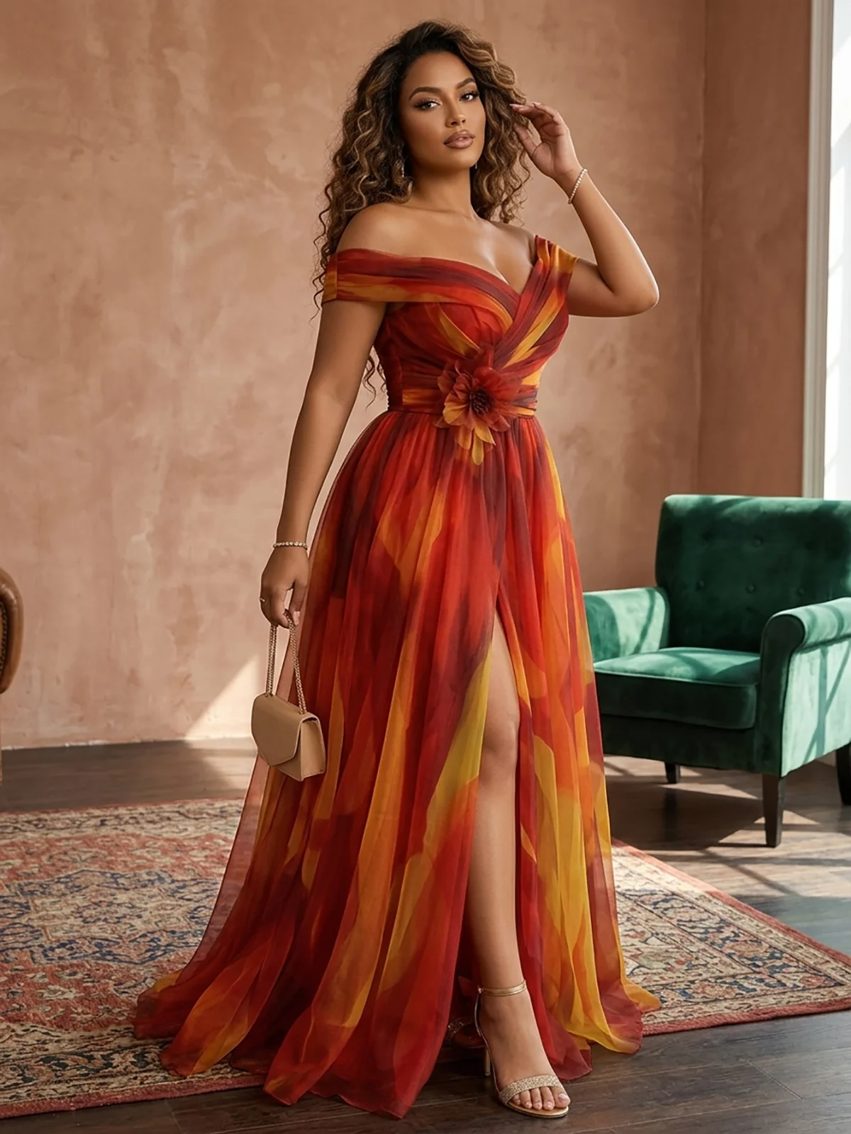 Vestido largo hasta el suelo con hombros descubiertos y abertura alta, corte en A, formal, para damas, gala, cóctel, fiesta, noche.