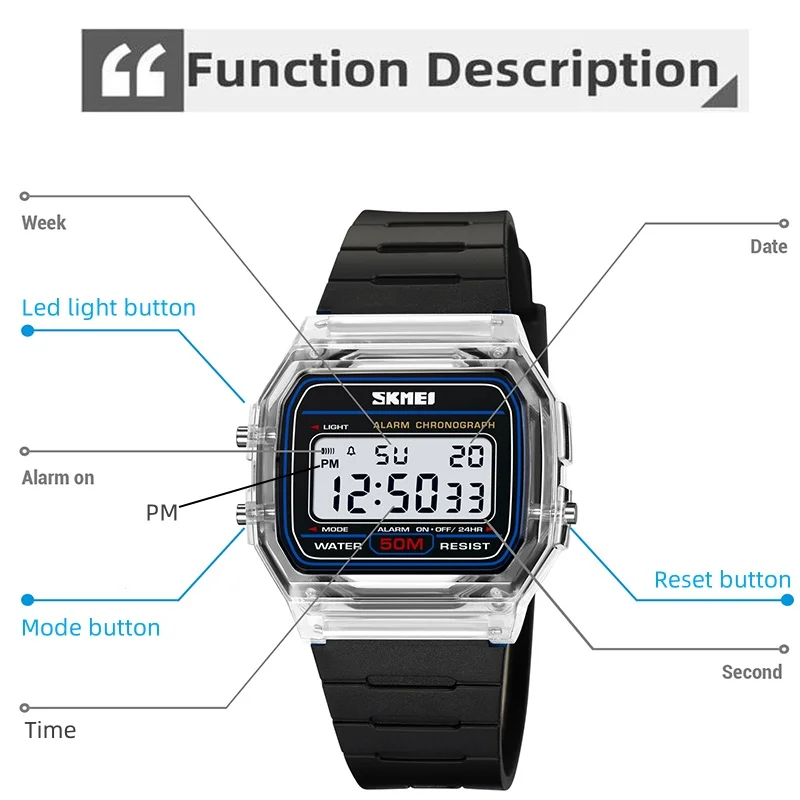 Skmei-relojes digitales para mujer, correa de TPU transparente, Led, resistente al agua, reloj de pulsera deportivo para natación, reloj despertador femenino