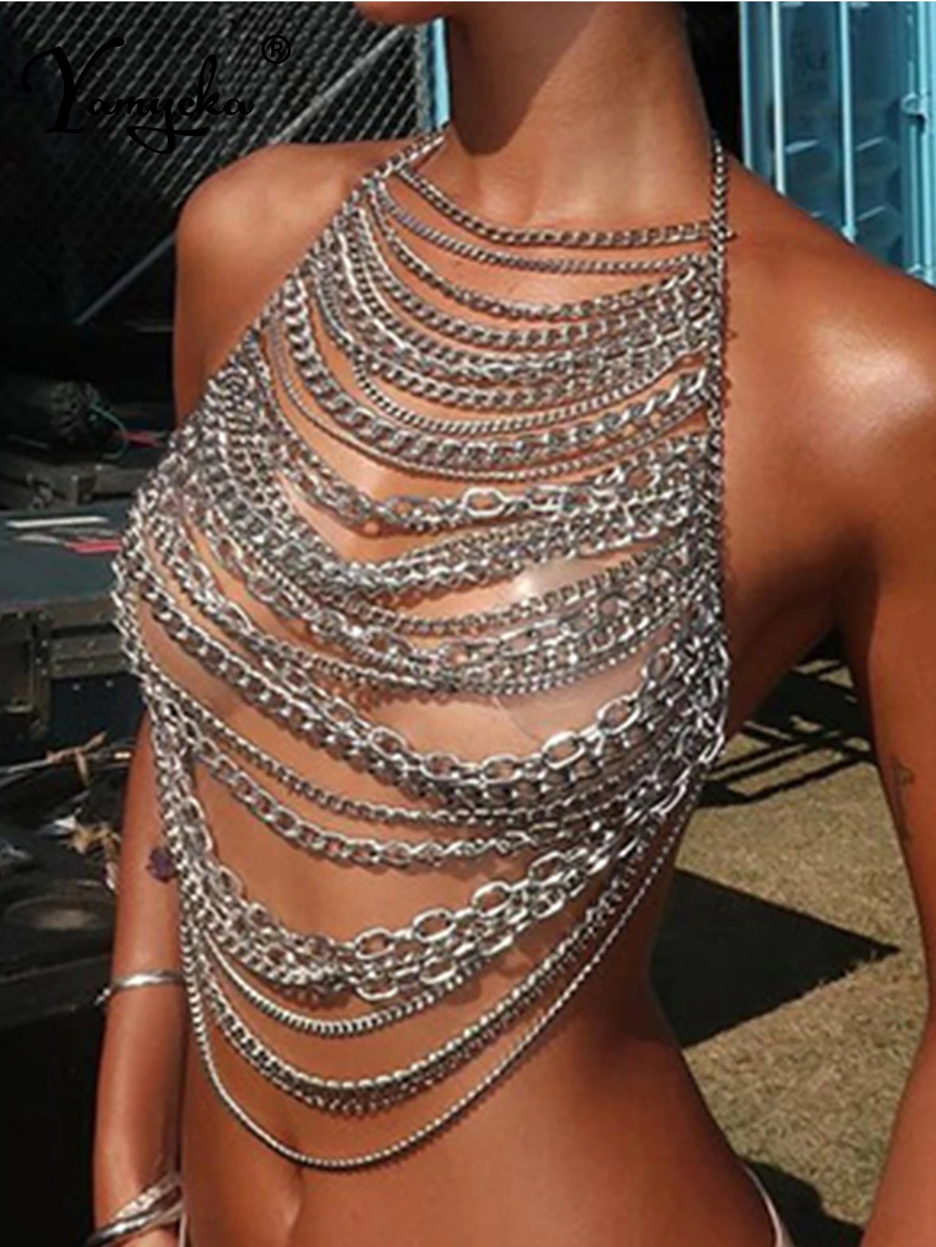 Top Corto Sexy Transparente con Cadena Metálica para Mujer, Top Halter de Verano, Ropa Femenina, Tops Cortos para Fiesta en Club, Atuendos Rave para Esposa Atrevida