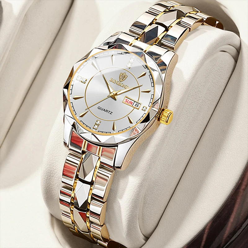 BINBONG, relojes para mujer, reloj de cuarzo de lujo a la moda para mujer, reloj de pulsera de acero inoxidable con fecha luminosa resistente al agua, regalo para amantes de la novia