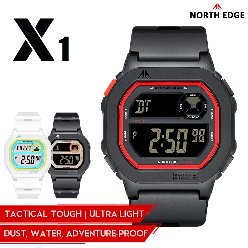 NORTH EDGE X1 Reloj Digital con pantalla cuadrada 2025, Reloj deportivo para Hombre y mujer, cronómetro resistente al agua hasta 50M, Reloj despertador con cuenta atrás para Hombre