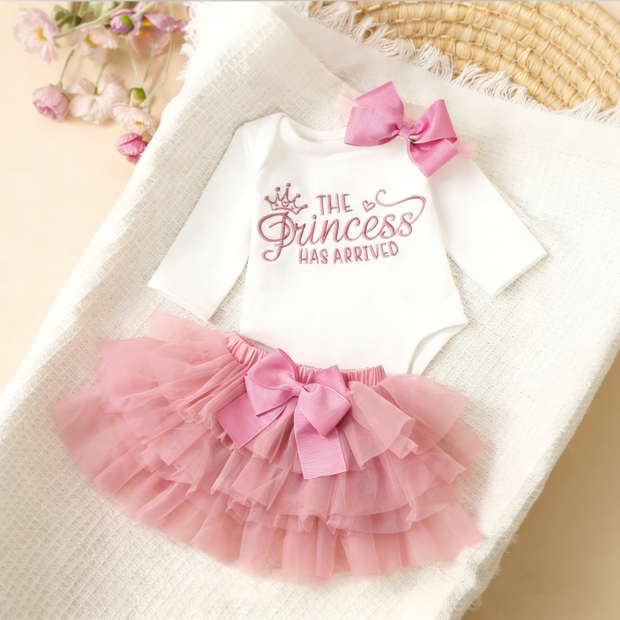 Ylsteed-Conjuntos de ropa para fotografía de recién nacidos, mono con estampado de letras para niñas, falda de tul rosa, diadema, accesorios para fotografía-HD