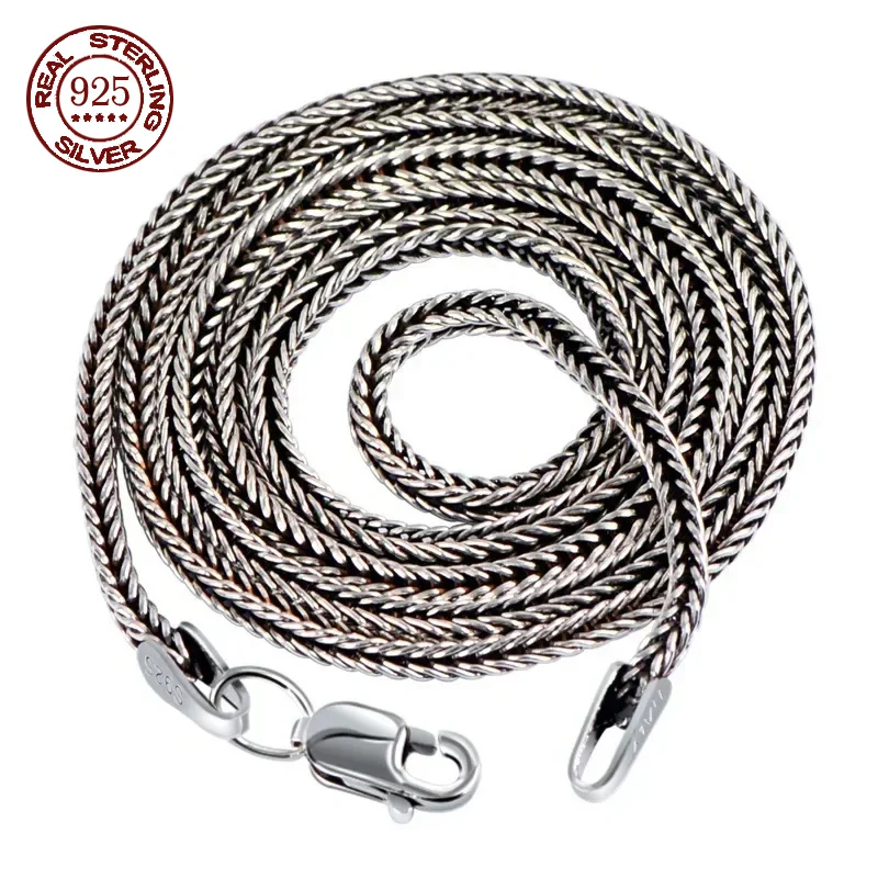 Cadena de suéter de cola de zorro de plata pura S925 para hombres y mujeres, pulsera de estilo Retro con Vhain tejido grueso de 3mm