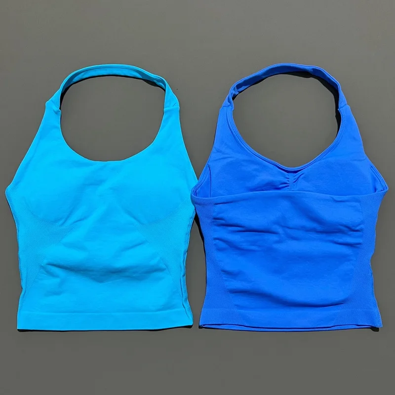 Histello-Top de tiras palangre para mujer, camiseta sin mangas deportiva con cuello Halter, sin costuras, fruncido, sin espalda, ropa deportiva para gimnasio, entrenamiento, Yoga, Fitness