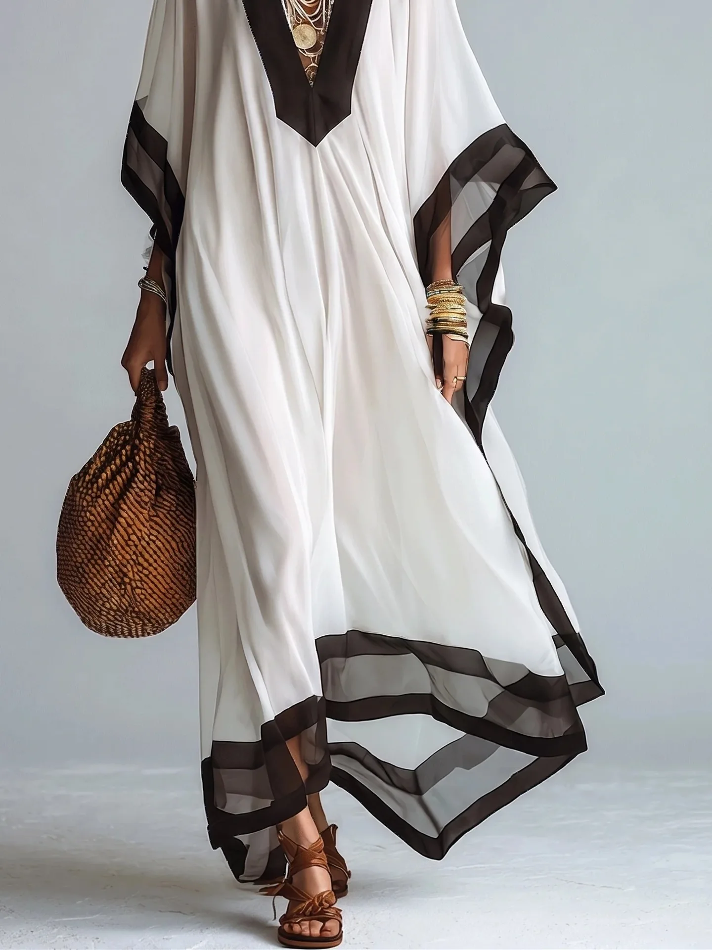 Vestido Maxi Kaftán para Mujer con Ribete en Contraste Blanco y Negro, Cuello en V, Manga Murciélago, Holgado, de Gasa, Largo, para Playa, Vacaciones, Casual