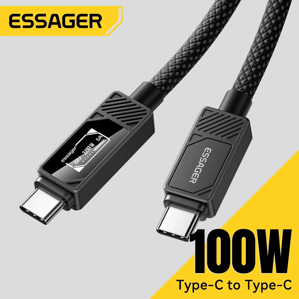 ESSAGER 100W Cable tipo C a C con pantalla Digital PD Cable de carga rápida para MacBook Pro/Air iPhone 16/15/14 iPad Cable USB C