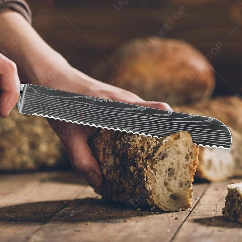 Cuchillo de cocina para pan de 8 pulgadas, cuchillo para cortar pan y queso, cuchillos láser de Damasco con mango de madera, cuchillos de cocina profesionales