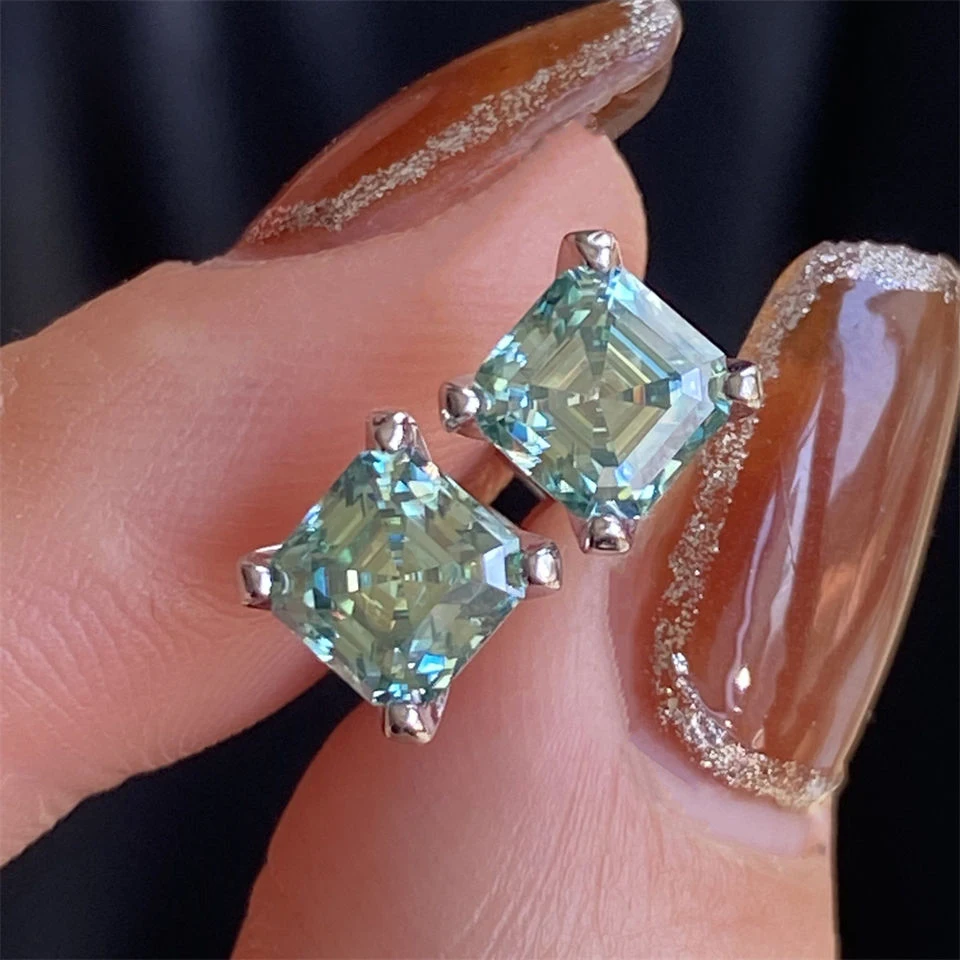 Pendientes de tuerca Bocarman con corte Asscher de moissanita, plata S925, 4 puntas, joyería fina, regalo para ella con caja