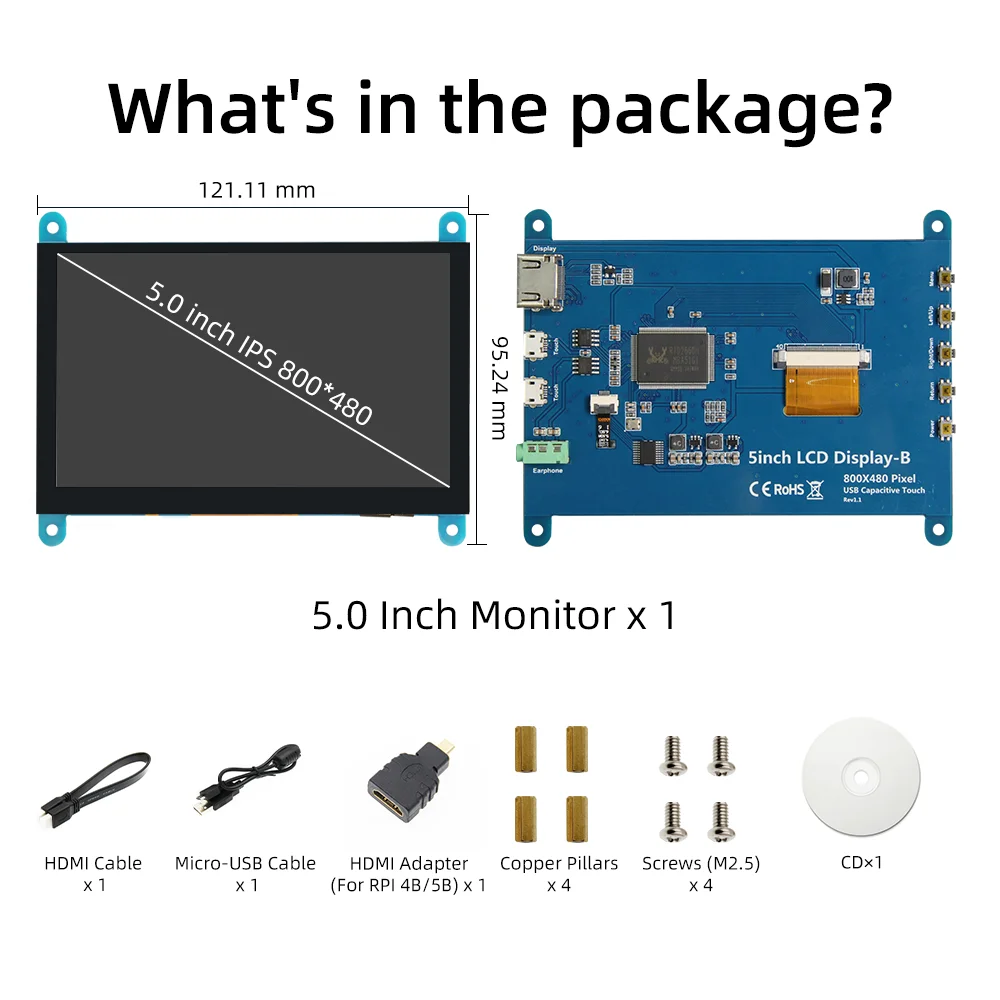 Pantalla Táctil Capacitiva LCD IPS de 5 Pulgadas 800*480 Monitor con HDMI para Raspberry Pi 5 4B 3B