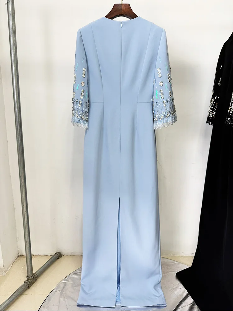 Vestido Largo Maxi de Diseñador de Alta Costura, Nueva Moda 2026, Primavera/Verano, con Media Manga y Cuentas Impresionantes para Mujer