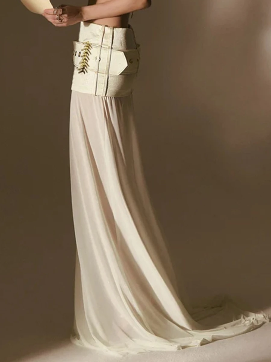 TWOTWINSTYLE, faldas largas elegantes empalmadas con lentejuelas para mujer, cintura alta, cinturón de retazos, falda con temperamento, ropa de moda femenina