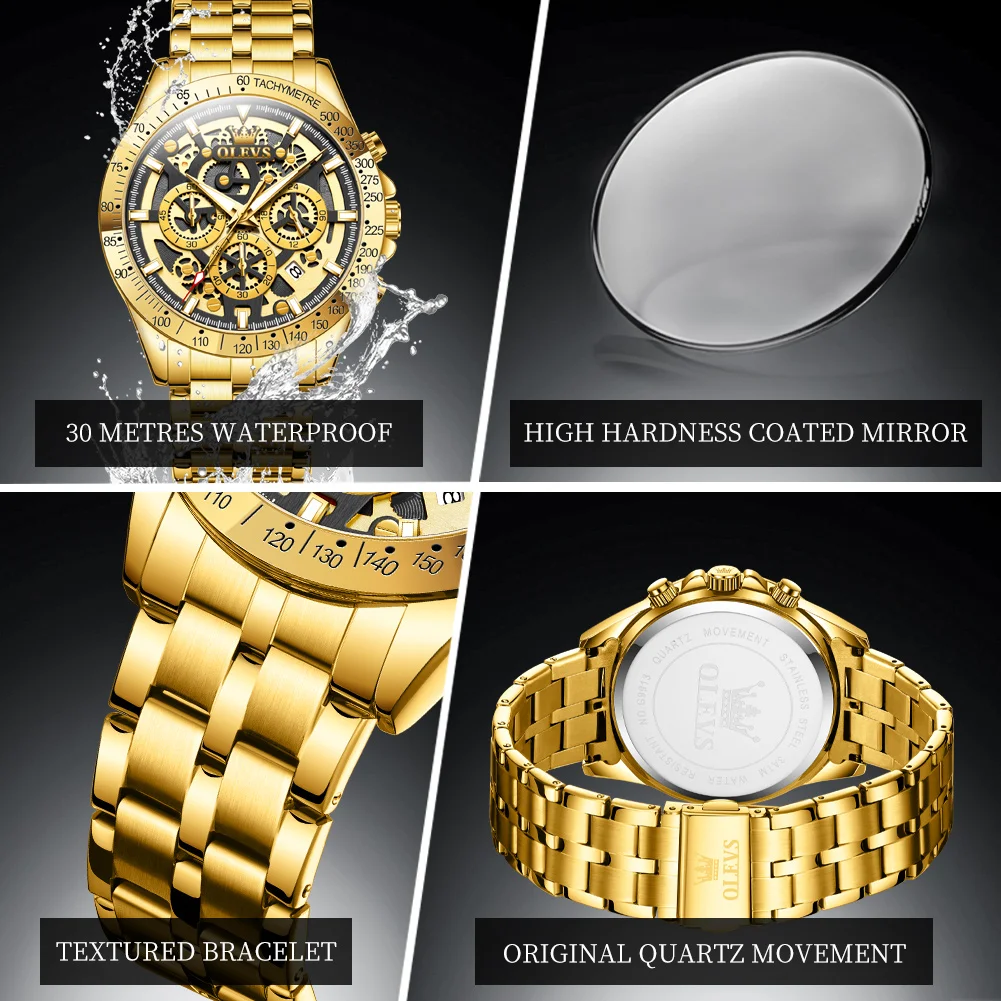 Relojes de hombre OLEVS de lujo, color dorado, con esqueleto completo, cronógrafo de acero inoxidable, resistente al agua, luminoso, de cuarzo.