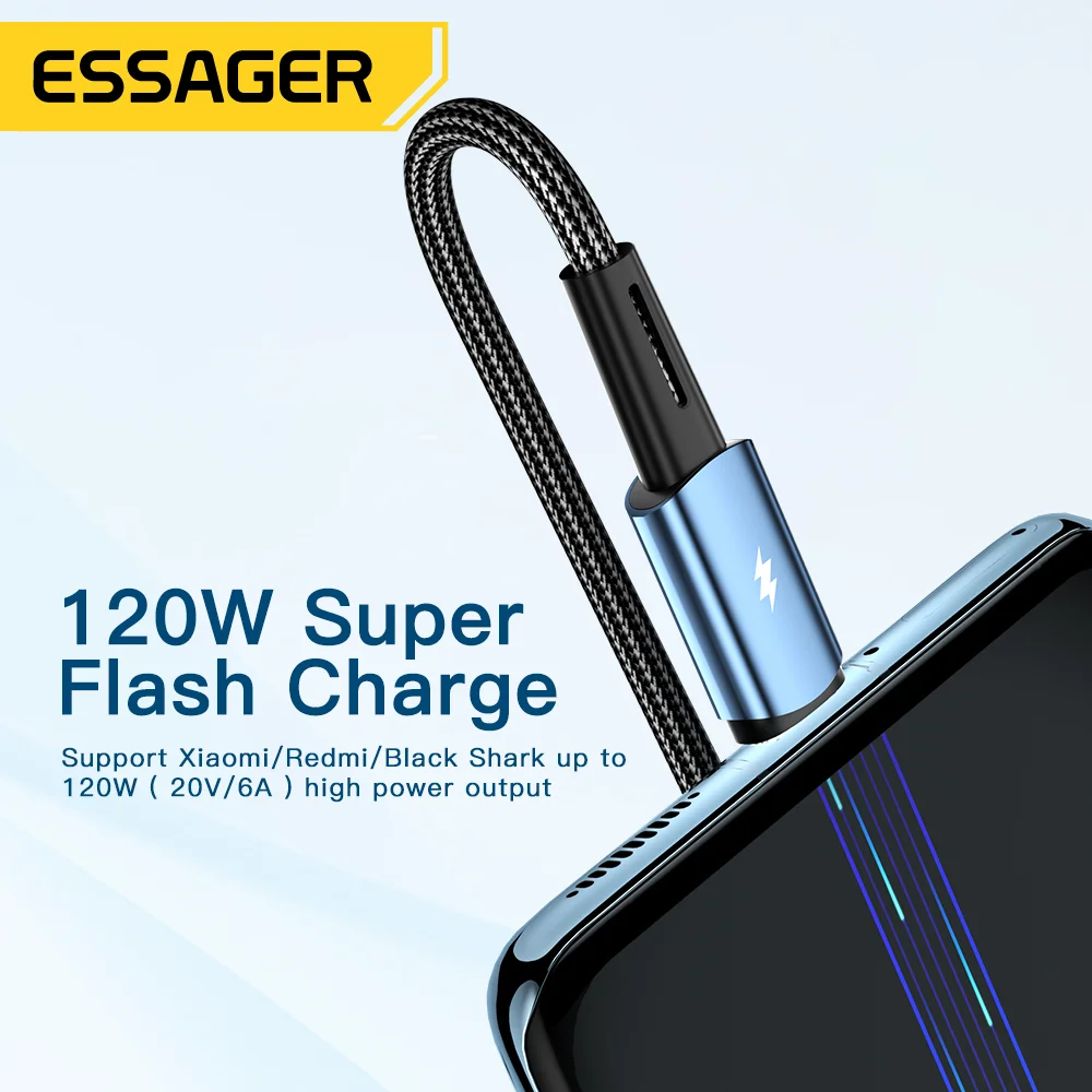 Essager 120W USB tipo C Cable para Xiaomi 12Pro 6A para Redmi K50 Note 11Pro Black Shark 5Pro USB Cables de carga rápida Cable de datos 2m
