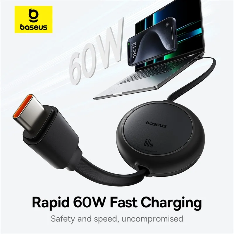Baesus Cable retráctil USB C de 60W para iPhone 16 15 Plus Pro Max Cable de carga rápida para MacBook iPad Cable tipo C para Xiaomi