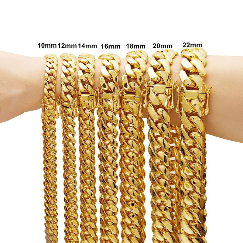 Collares de cadena cubana Miami de acero inoxidable color oro brillante estilo Hip Hop para hombres, joyería de rapero, envío directo.