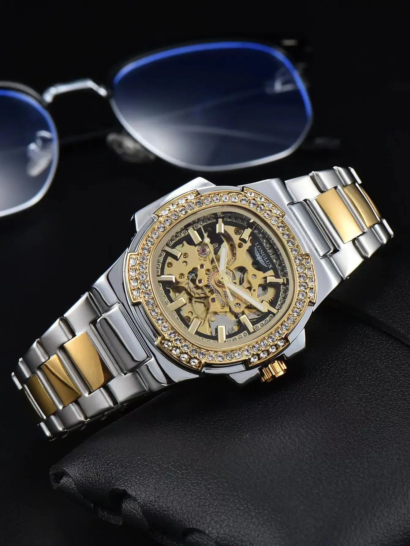 Reloj de Hombre Automático LONGLUX, Relojes de Pulsera Mecánicos de Acero Inoxidable de Lujo al por Mayor, Reloj de Hombre con Diamantes, Esqueleto, Resistente al Agua