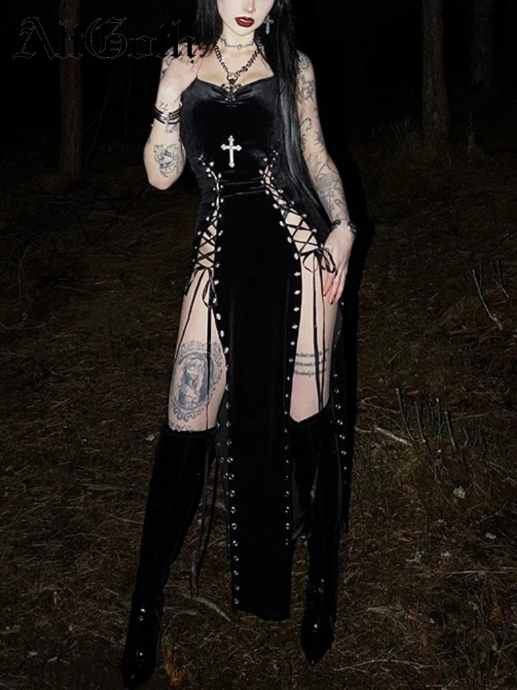 AltGoth-vestido gótico de terciopelo oscuro para mujer, ropa de calle Sexy Y2k E-girl Harajuku Grunge, vestido de fiesta con cordones dividido de cintura alta para mujer
