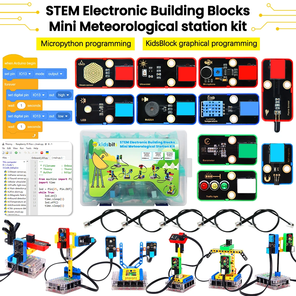 Kit de Estación Meteorológica Mini Kidsbits, Bloques de Construcción Electrónicos STEM Compatibles con Bloques Lego para Arduino UNO, Pico y ESP32 IDE