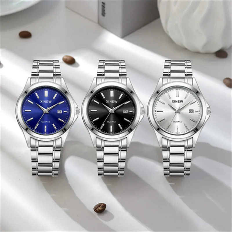 Relojes genuinos de marca XINEW para hombres, moda informal para estudiantes, banda completa de acero inoxidable, reloj de pulsera de cuarzo con fecha Simple, reloj Vintage plateado