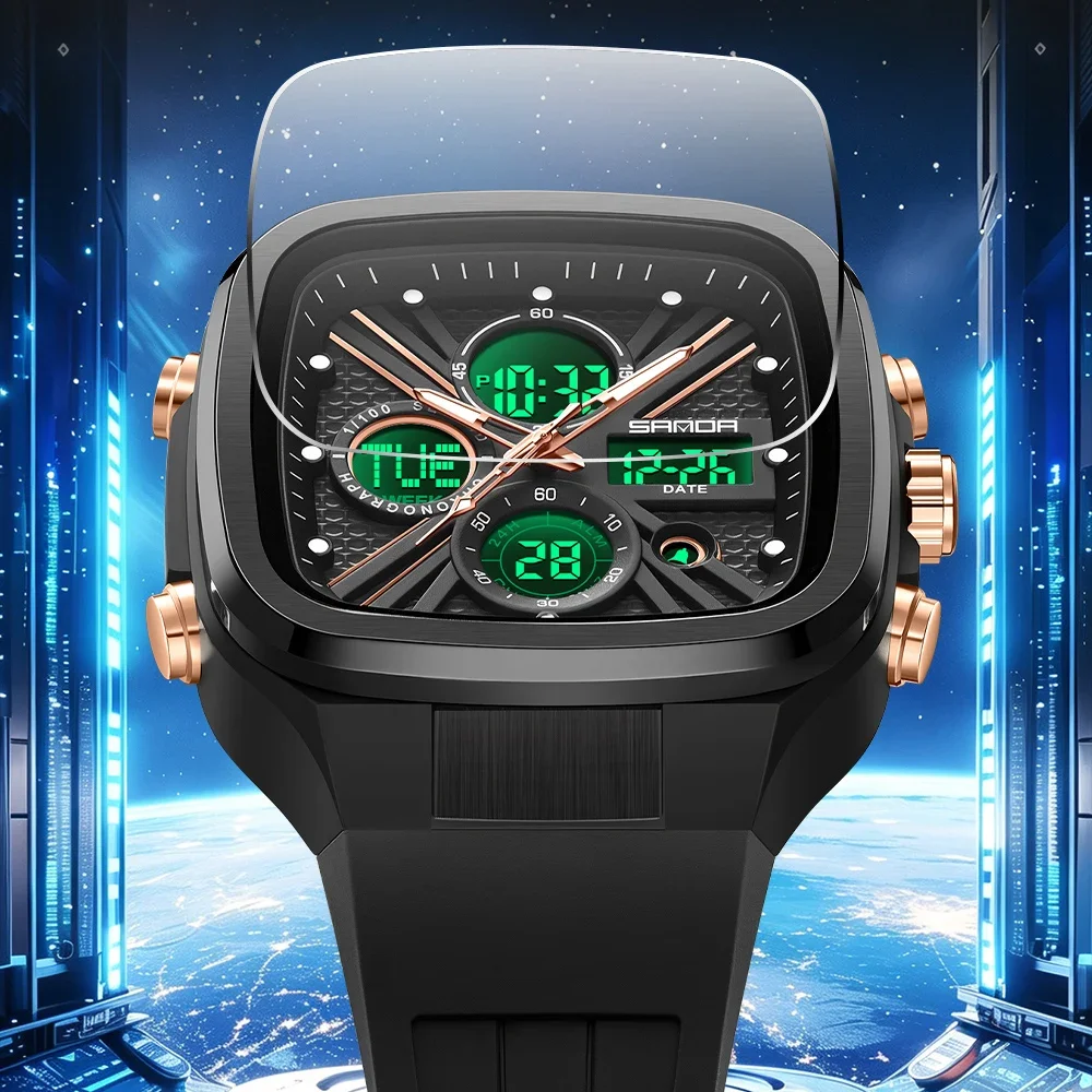 Relojes SANDA de moda para hombre, relojes deportivos cuadrados, relojes digitales con doble hora, relojes de pulsera electrónicos impermeables hasta 50m para hombre