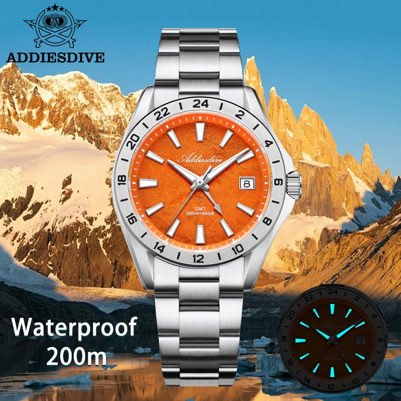 ADDIESDIVE Reloj de lujo suizo Ronda GMT, resistente al agua hasta 200M, zona horaria dual, BGW9 luminoso, movimiento de cuarzo de acero inoxidable de 38mm