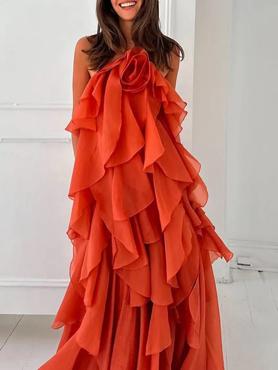 TWOTWINSTYLE, vestidos elegantes lisos con volantes empalmados para mujer, vestido suelto sin mangas con cuello Halter y cintura alta con espalda descubierta, moda femenina