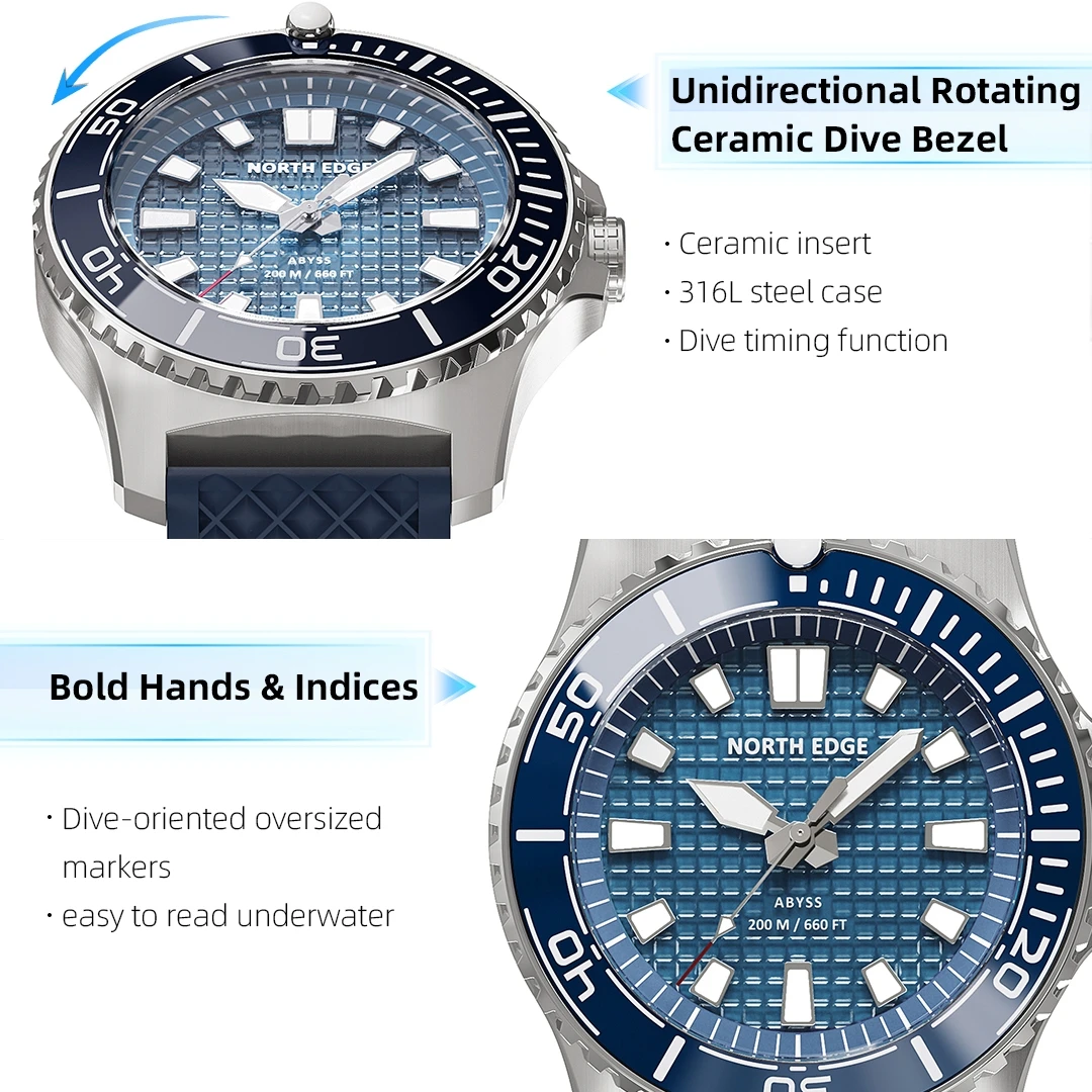 Reloj de Pulsera de Cuarzo para Buceo NORTH EDGE, Nuevo Diseño ABYSS, Energía Solar, Resistente al Agua 200M, Reloj Deportivo de Buceo, Correa Suave 316L, Relojes para Hombre