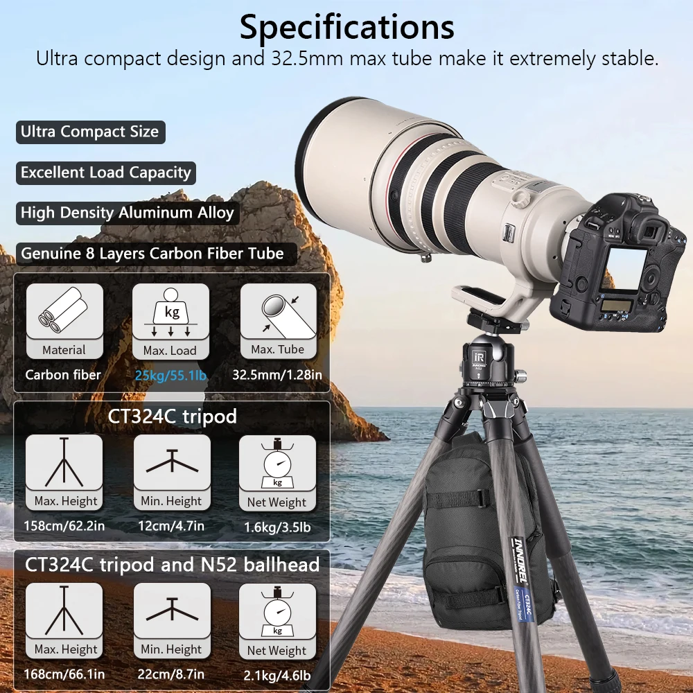 Trípode compacto de fibra de carbono con bolsa de piedra, soporte de cámara de viaje resistente INNOREL CT324C para videocámara Canon, Sony, Nikon, DSLR