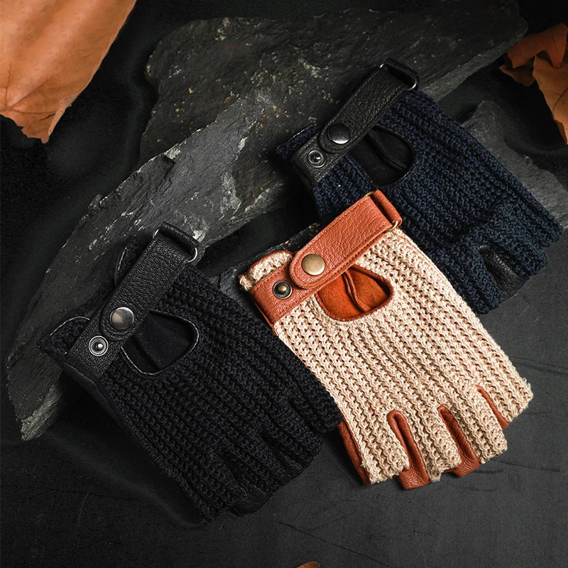 Guantes de cuero sin dedos para motocicleta Retro para hombre para conducir y montar, guantes de medio dedo transpirables de punto