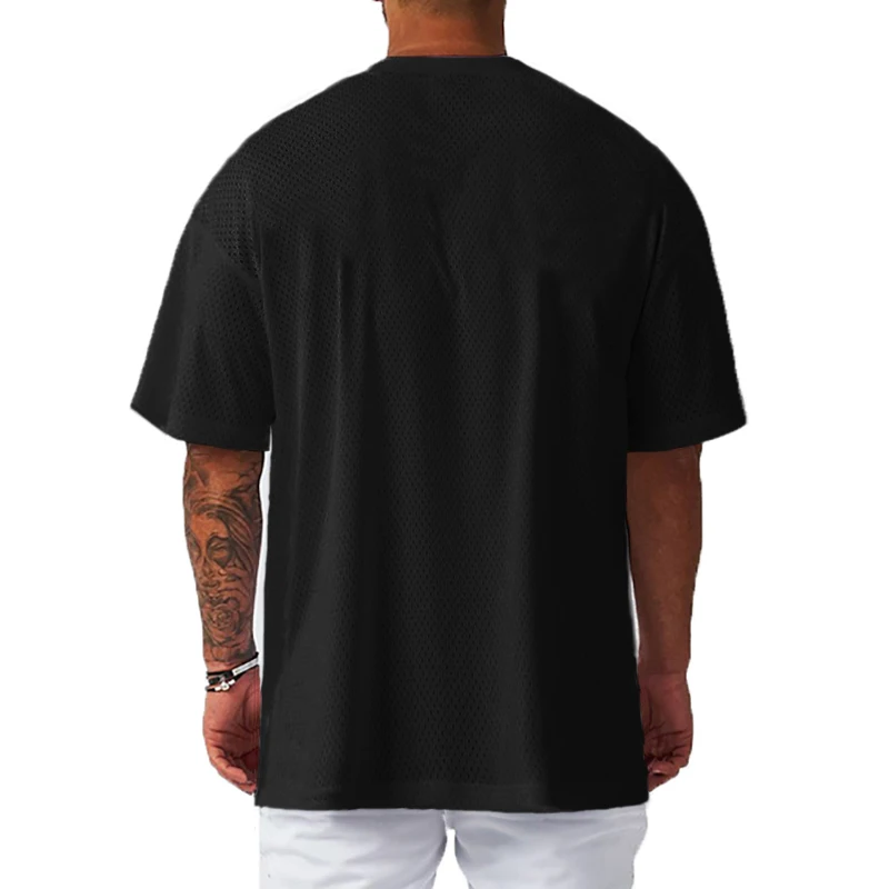 Camiseta de manga corta de malla de poliéster para hombre, ropa informal para gimnasio, Fitness, culturismo muscular, camisas holgadas de gran tamaño de secado rápido para verano