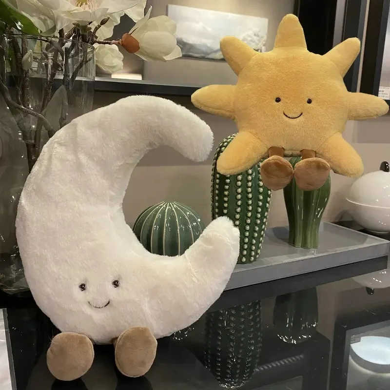 Adorable cara sonriente, Luna blanca, sol amarillo, peluche, lindo juguete de peluche meteorológico de dibujos animados para decoración de dormitorio de niños, almohada para sofá