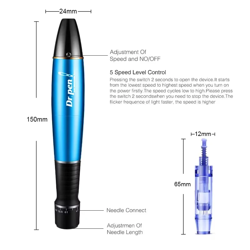 Derma Pen Dr. A1 con Botón de 5 Niveles de Ajuste, Microagujas Eléctricas para el Cuidado de la Piel, Aguja de 0.25mm, Máquina de Microagujas, Herramienta de Belleza