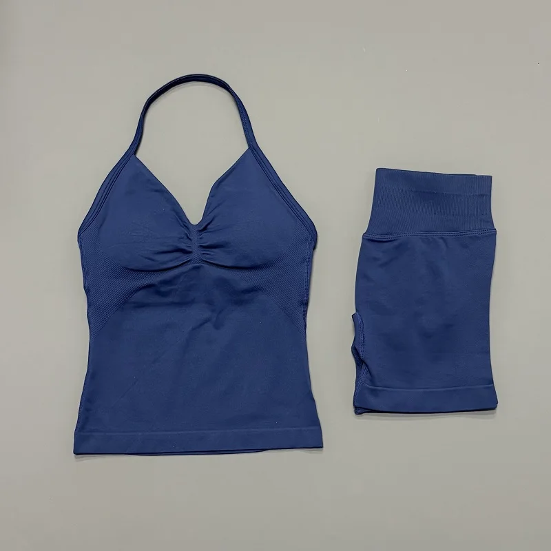 Conjunto Deportivo de 2 Piezas para Mujer: Top de Yoga sin Espalda y Shorts Scrunch de Cintura Alta Sin Costuras - Ideal para Gimnasio y Entrenamiento