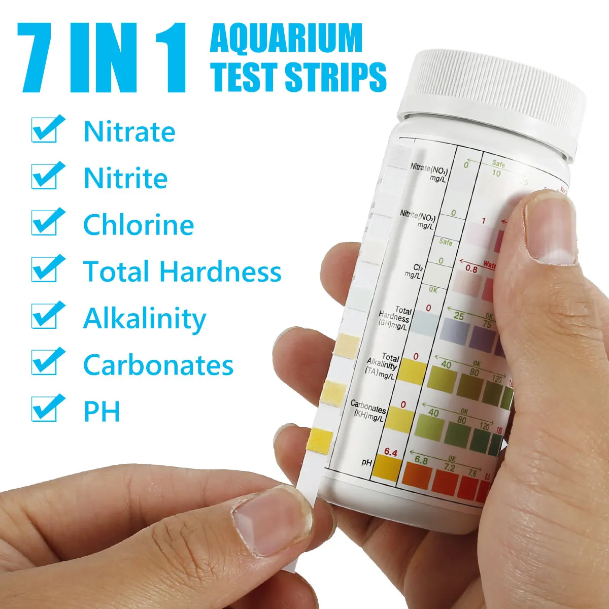 100 Uds tiras de prueba de acuario tira de prueba de calidad del agua 7/en1 Kit de prueba de tanque de peces agua dulce agua salada acuario tiras de prueba de pH
