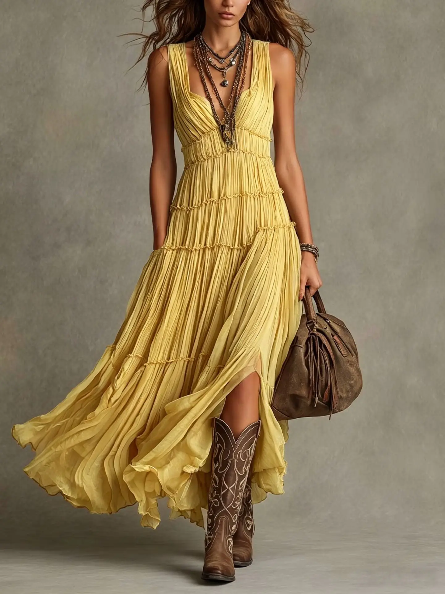 Vestido Maxi Retro con Volantes y Escote en V Profundo, Sin Mangas, de Gasa Fluida, Largo, Estilo Bohemio, con Pliegues y Dobladillo Dividido, Casual para Mujer