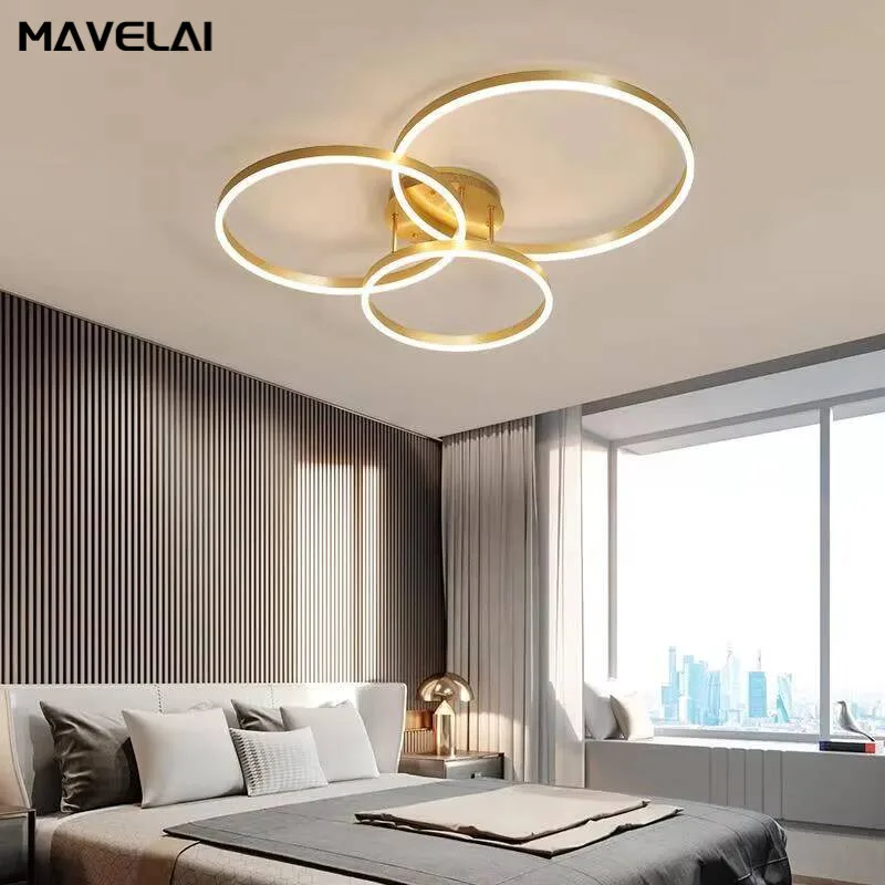 Candelabros circulares Led creativos de estilo nórdico, iluminación para dormitorio, sala de estar, comedor, lámpara dorada marrón brillante, lámparas de interior para el hogar