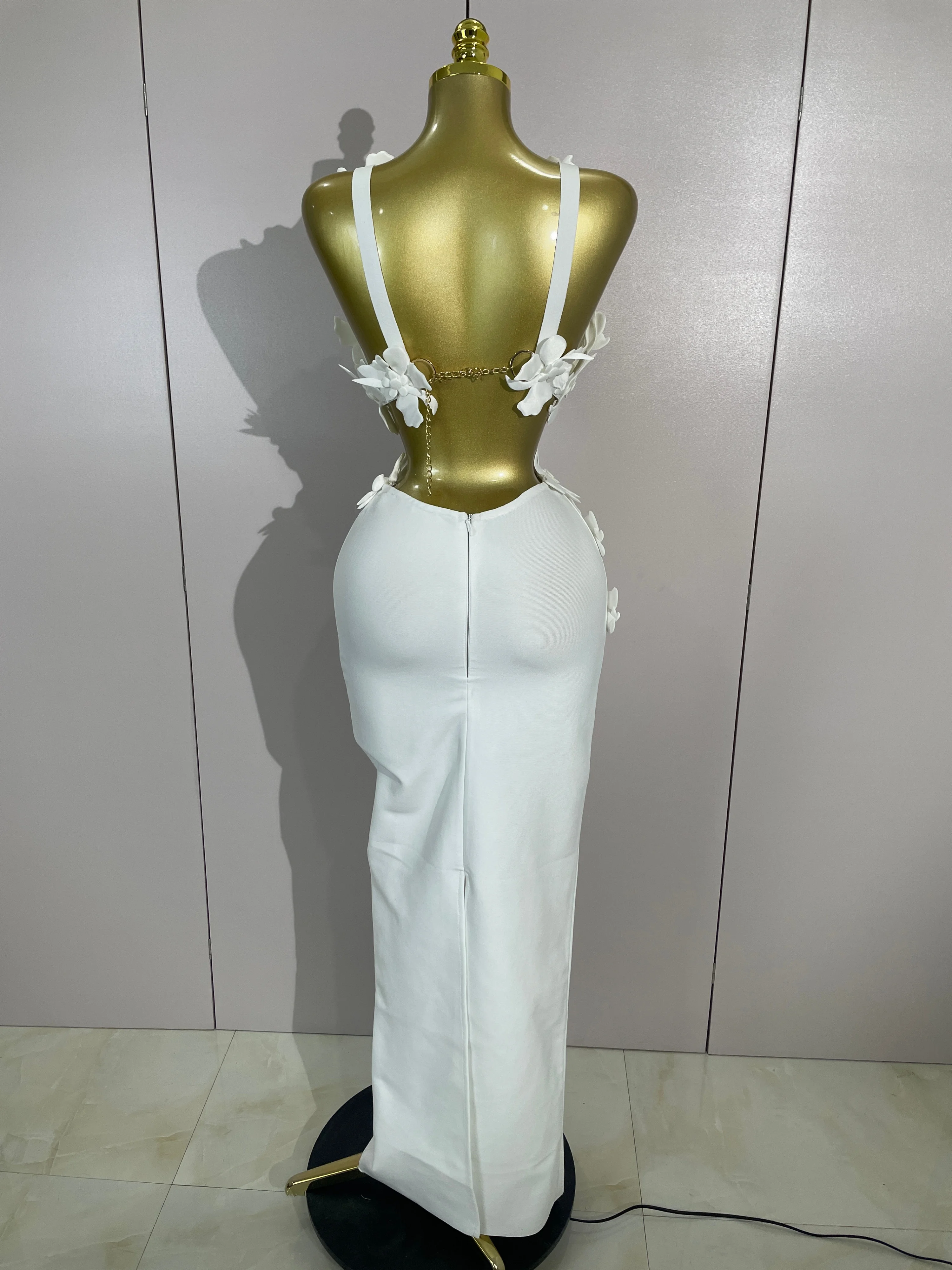 Vestido Largo Ajustado con Cuello en V y Flores Blancas para Mujer, Conjunto de Dos Piezas, Vestido de Fiesta, Graduación, Club Nocturno, Celebración de Cumpleaños