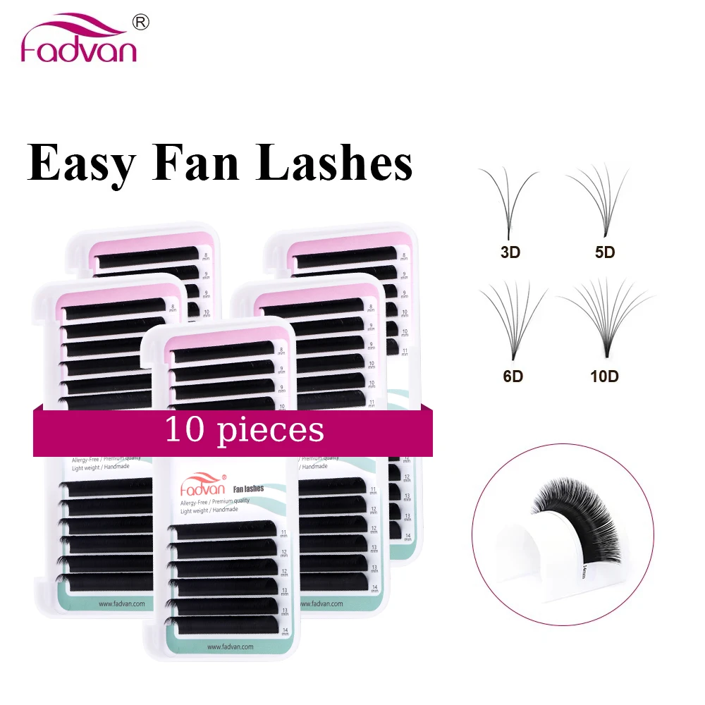 10 cajas de extensiones de pestañas fáciles de abanar, pestañas suaves acampanadas de visón sintético, extensiones de pestañas con volumen ruso, pestañas de seda