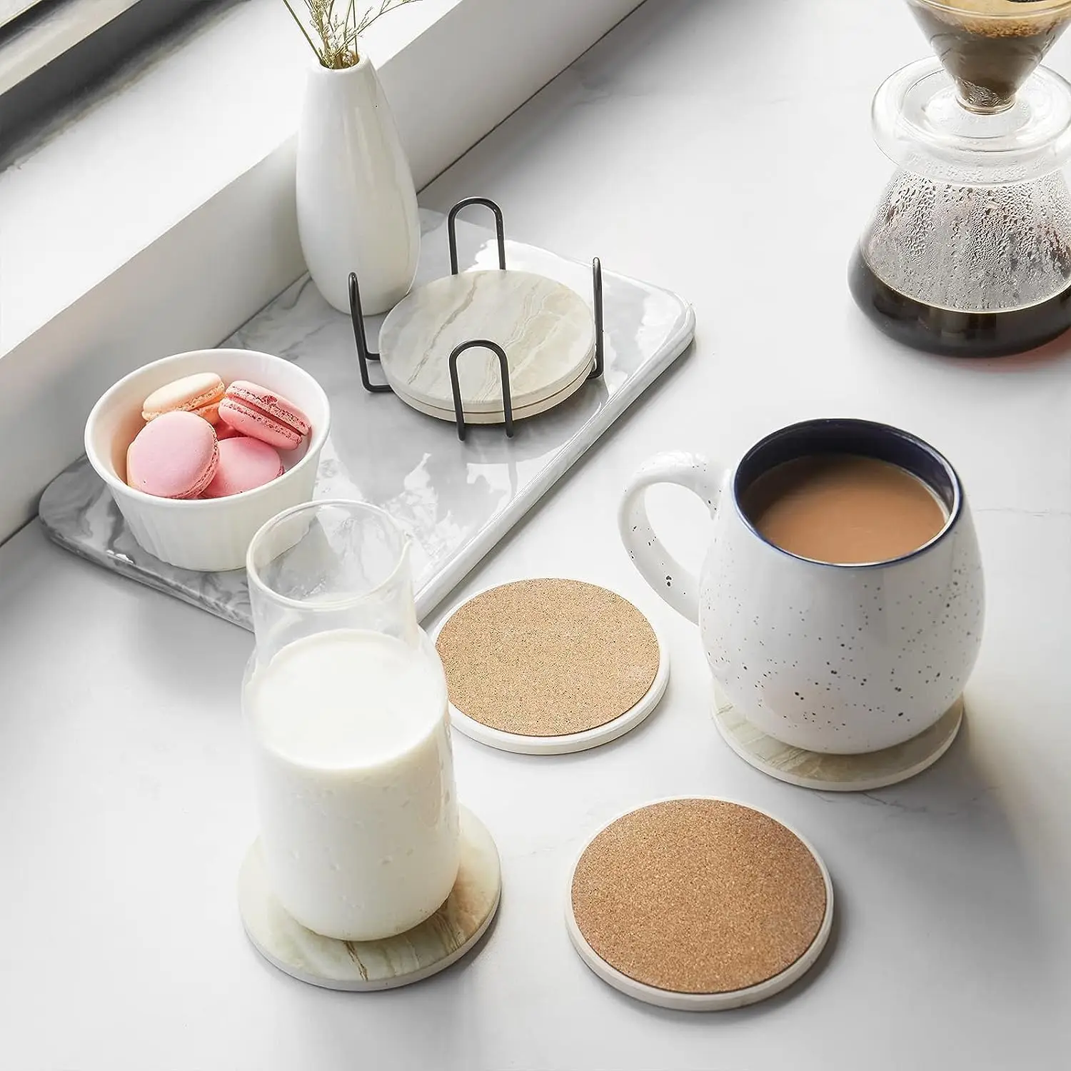 Juego de 6 posavasos para bebidas con soporte, estilo mármol, posavasos de cerámica para protección de escritorio