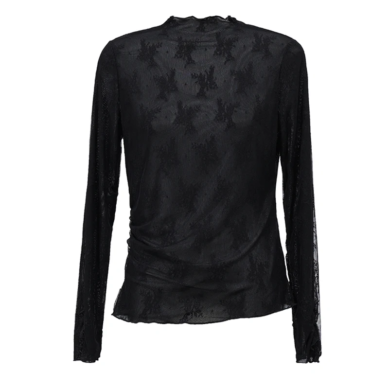 Camisetas de Mujer Amii con Cuello Alto, Otoño 2026, Manga Larga, Jacquard, Encaje, Tejido de Punto, Tops Elegantes y Ajustados para el Trabajo, Ropa de Mujer 12623032