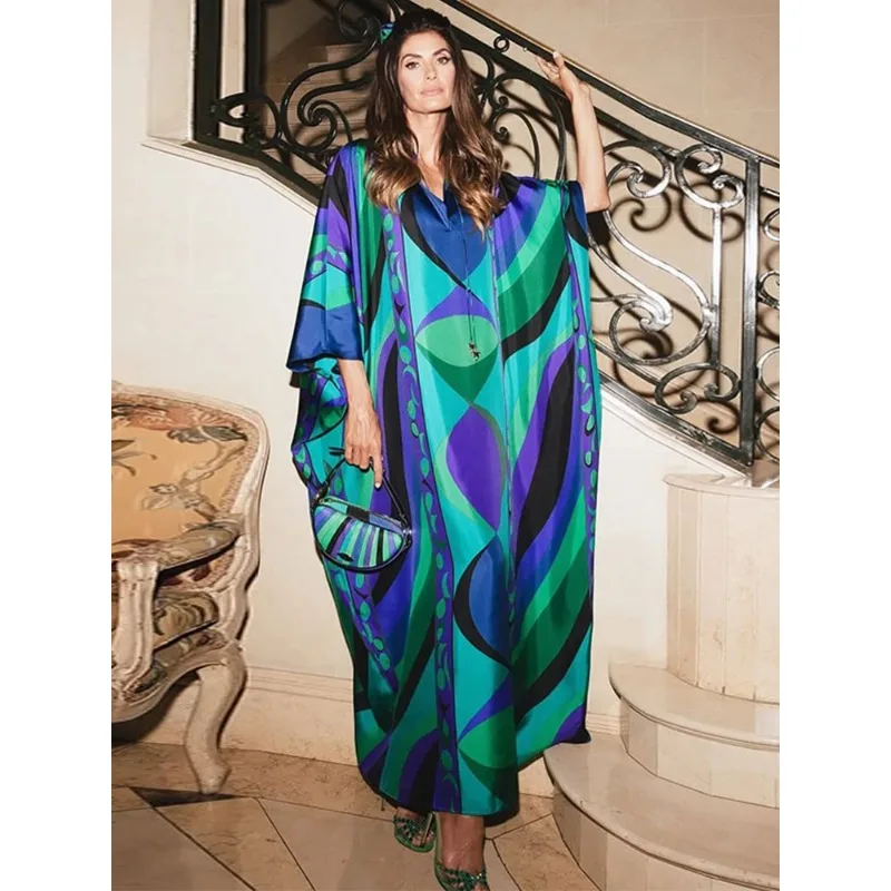 Vestido Largo Bohemio con Estampado Floral para Mujer, Cuello en V, Manga Media, Estilo Oversize, Maxi Vestido Elegante para Vacaciones 2026
