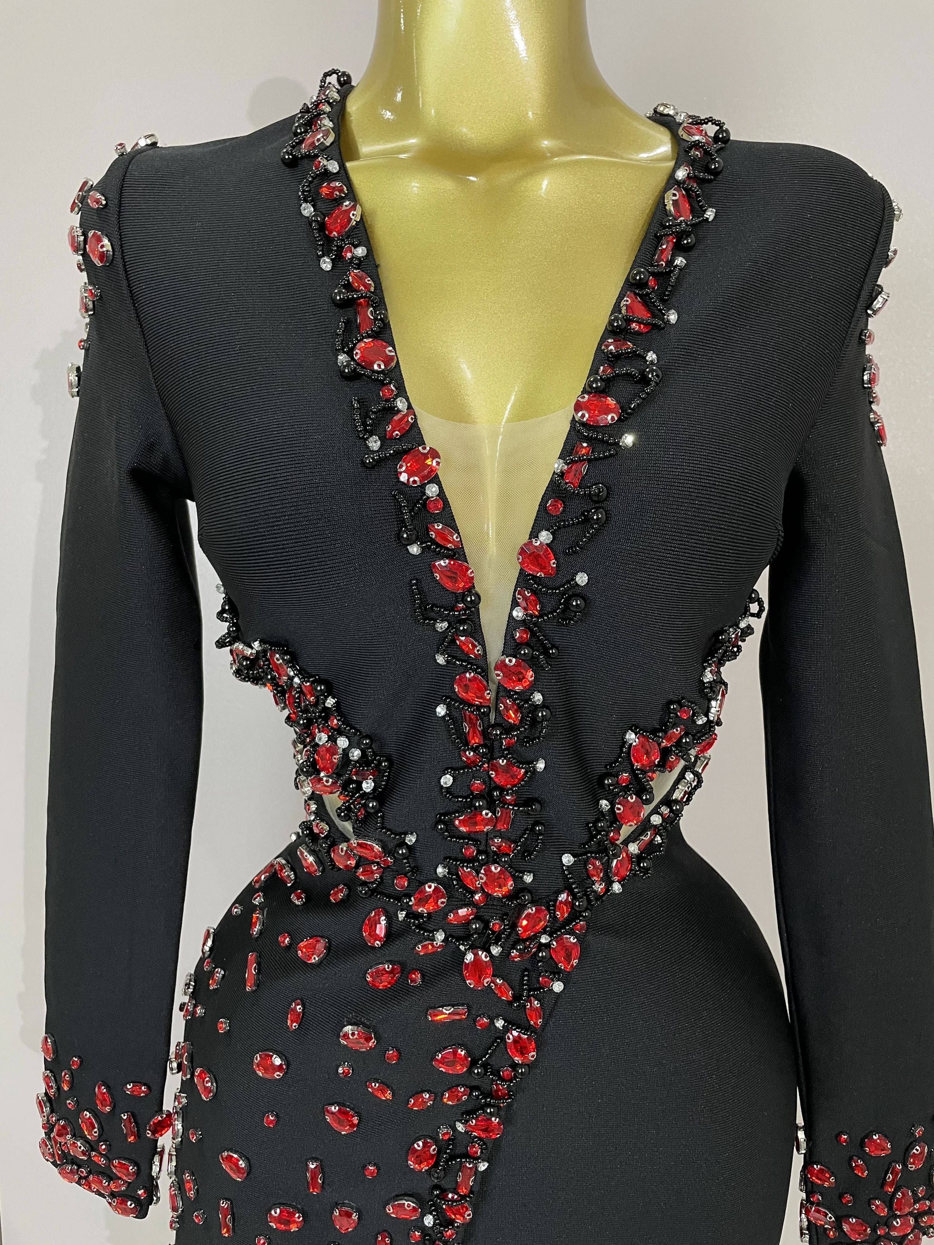 Vestido Bandage negro con diamantes de imitación y cuello en V de manga larga para mujer, vestidos elegantes de lujo para fiesta de cumpleaños y Club nocturno 2025