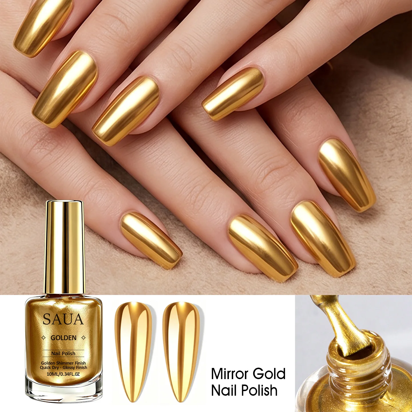 Esmalte de uñas metálico dorado de 10 ml – Secado rápido, no requiere lámpara; proporciona un acabado metálico duradero y natural con efecto espejo.