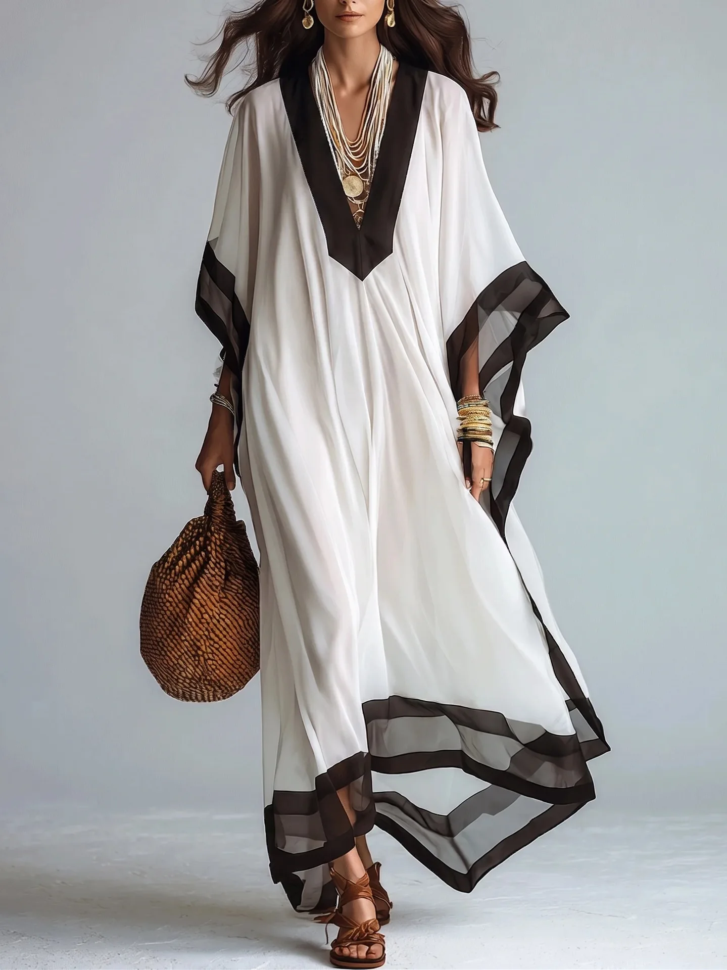 Vestido Maxi Kaftán para Mujer con Ribete en Contraste Blanco y Negro, Cuello en V, Manga Murciélago, Holgado, de Gasa, Largo, para Playa, Vacaciones, Casual