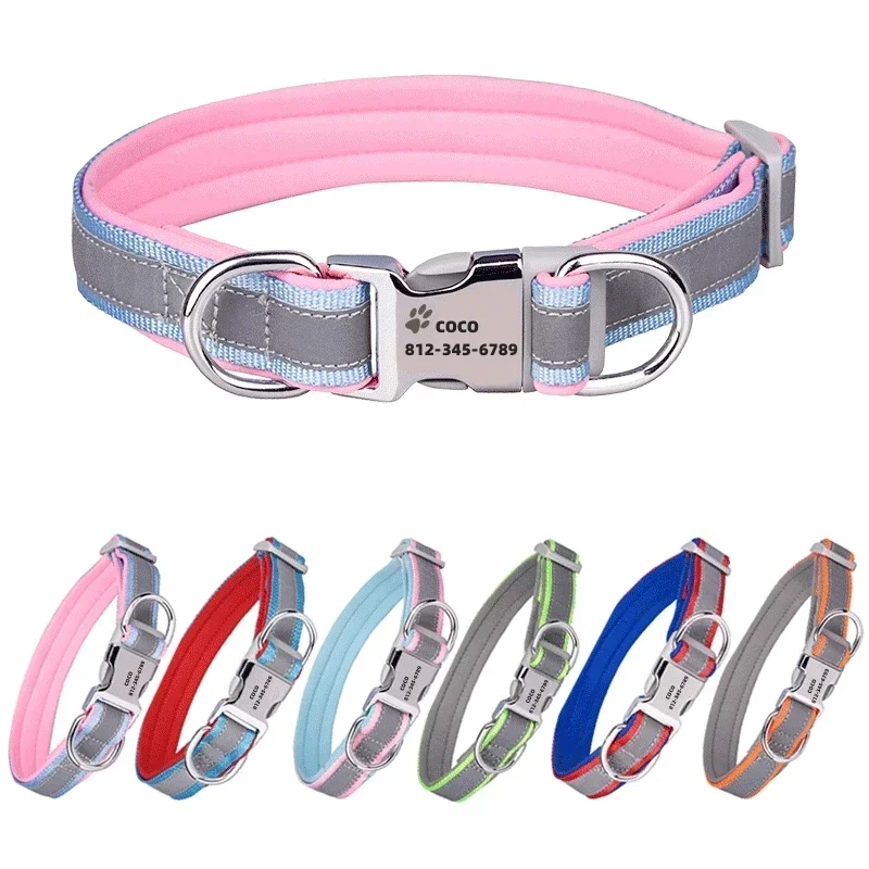 Collar de perro personalizado reflectante ajustable, collares de identificación personalizados con grabado gratis, Collar de cachorro duradero para perros pequeños, medianos y grandes