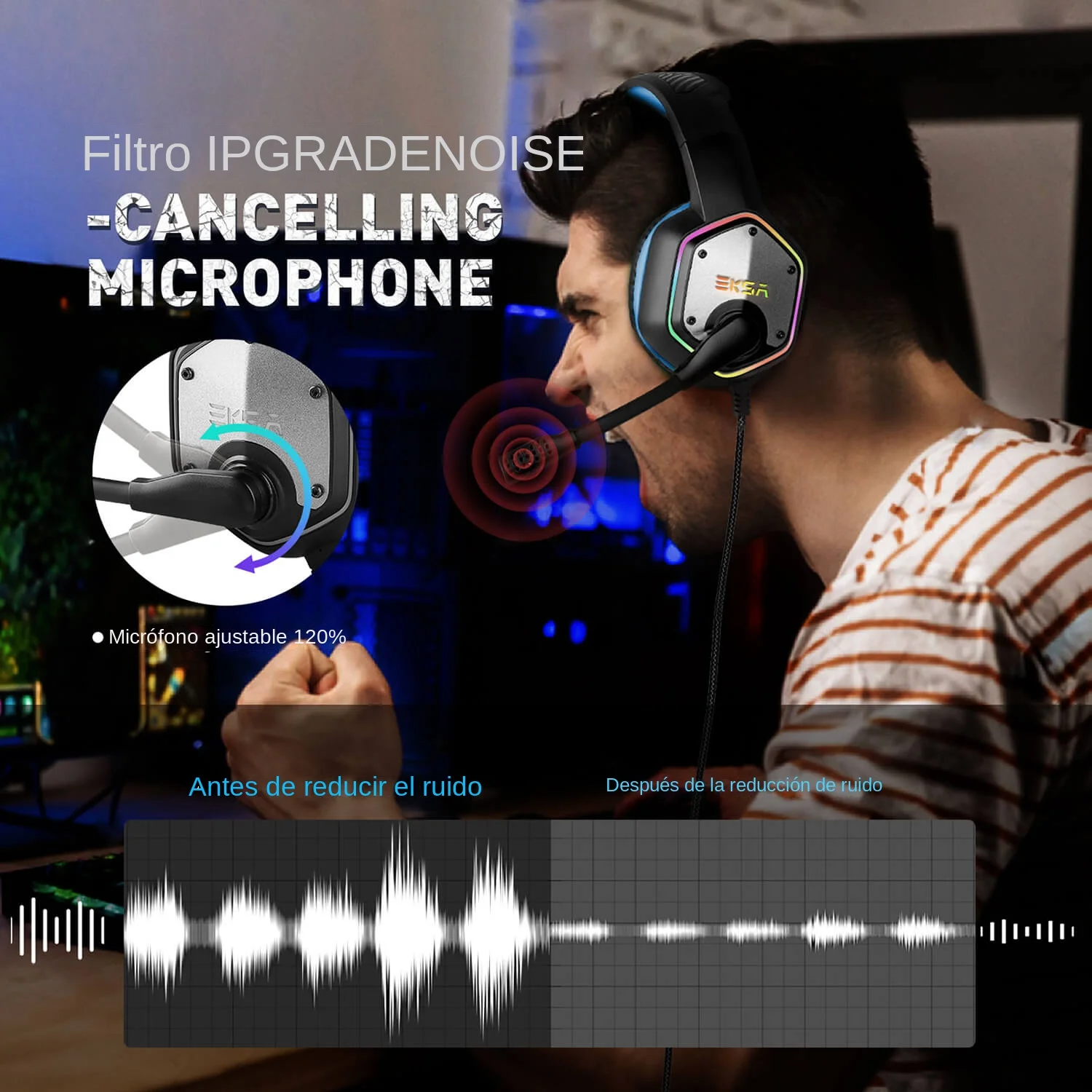 EKSA E1000 auriculares para juegos para PC/PS4/PS5 7,1 Surround RGB auriculares para juegos Gamer USB auriculares con cable con micrófono con cancelación de ruido