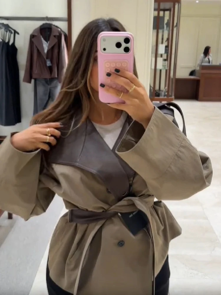 Gabardina Corta para Mujer, de Piel Sintética, con Hombreras Empalmadas, Cinturón en la Cintura, Corte Holgado, Color Caqui, Chaqueta Corta Vintage 2026, Ropa Exterior para Damas