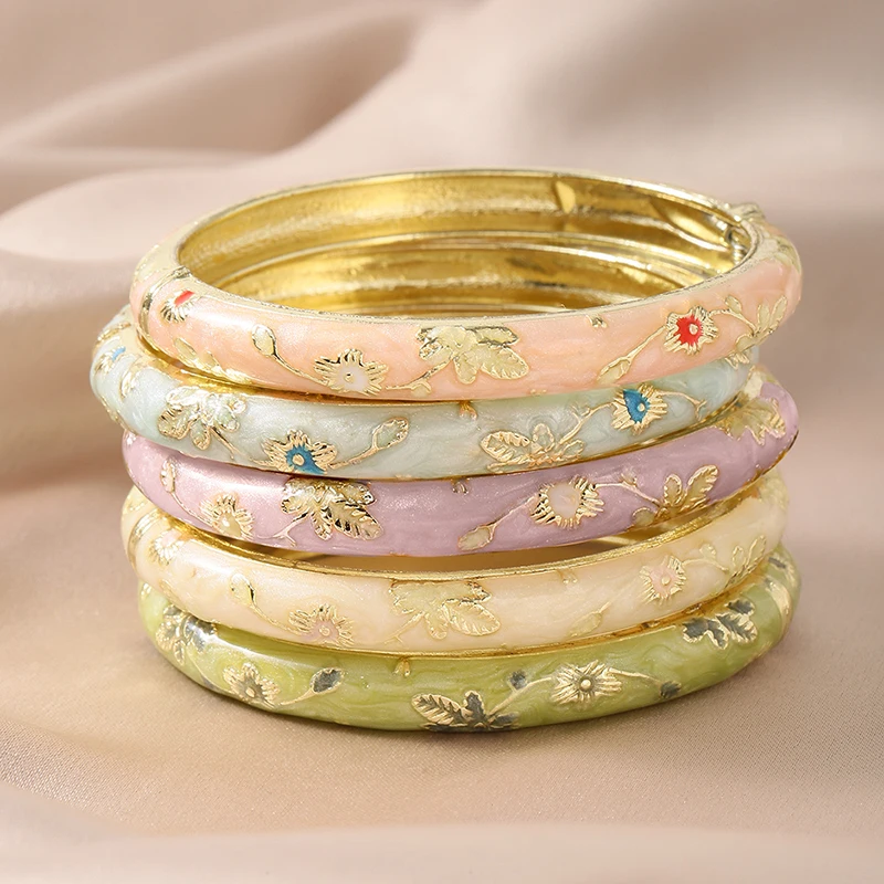 FTCY, 5 uds., brazaletes de esmalte cloisonné con flores pequeñas y finas para mujer, pulsera bohemia Vintage con gotas de aceite, regalos de joyería elegantes