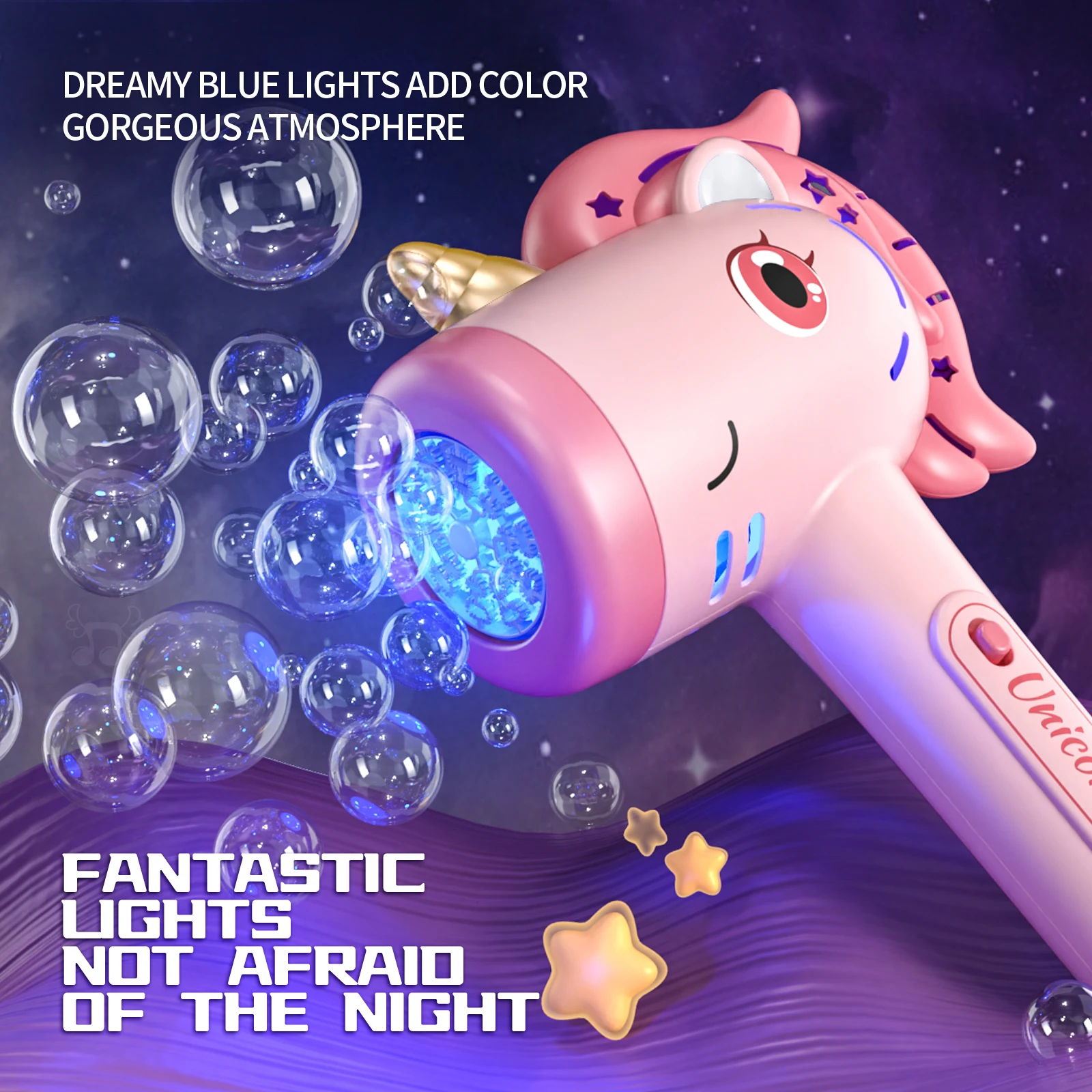 Máquina automática de burbujas con forma de unicornio, luces LED de fantasía, juguete para hacer burbujas al aire libre, para niños a partir de 3 años. Incluye solución para burbujas.